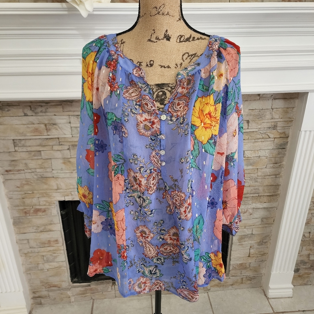 Anthropologie x fig & flower semi sheer floral button down tunic plus size 2X.